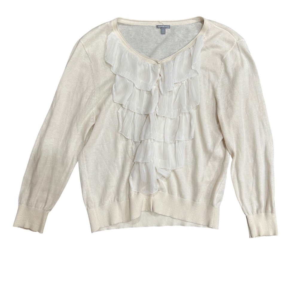 Charlotte Russe Cream Cotton Ruffle Front V-Neck Sweater Size L